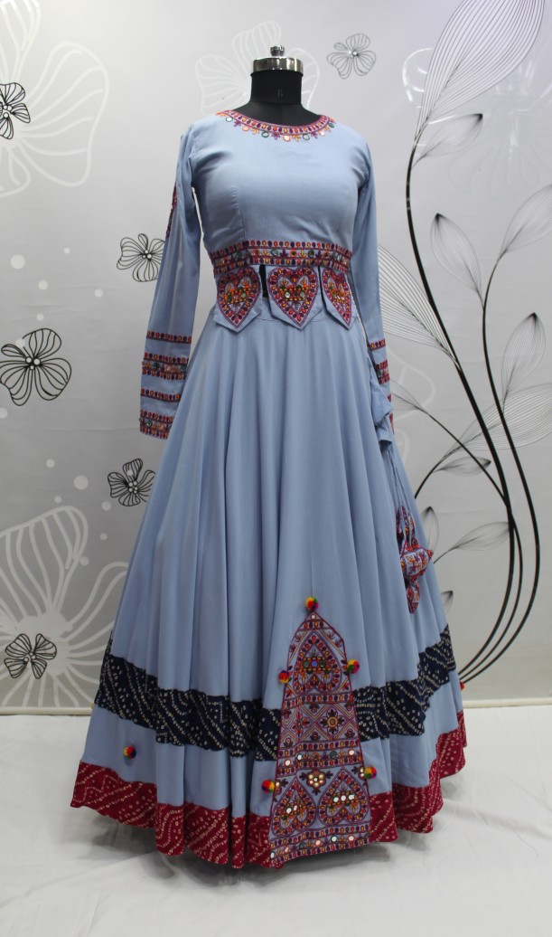 Sky Embroidered and Mirror Work in Gamthi Style on Viscose Rayon Fabric Navratri Lehenga with Koti Garba Choli 2023